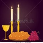 Image from Shutterstock/Illustration of Shabbat candles, kiddush cup and challah.